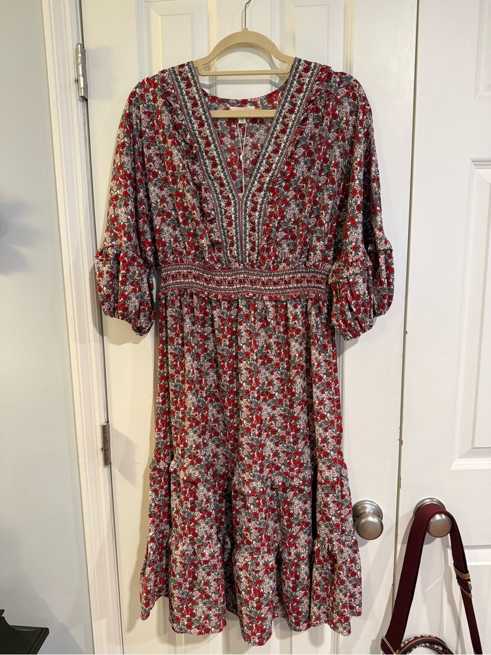 Max Studio Red Floral V-Neck Midi Dress